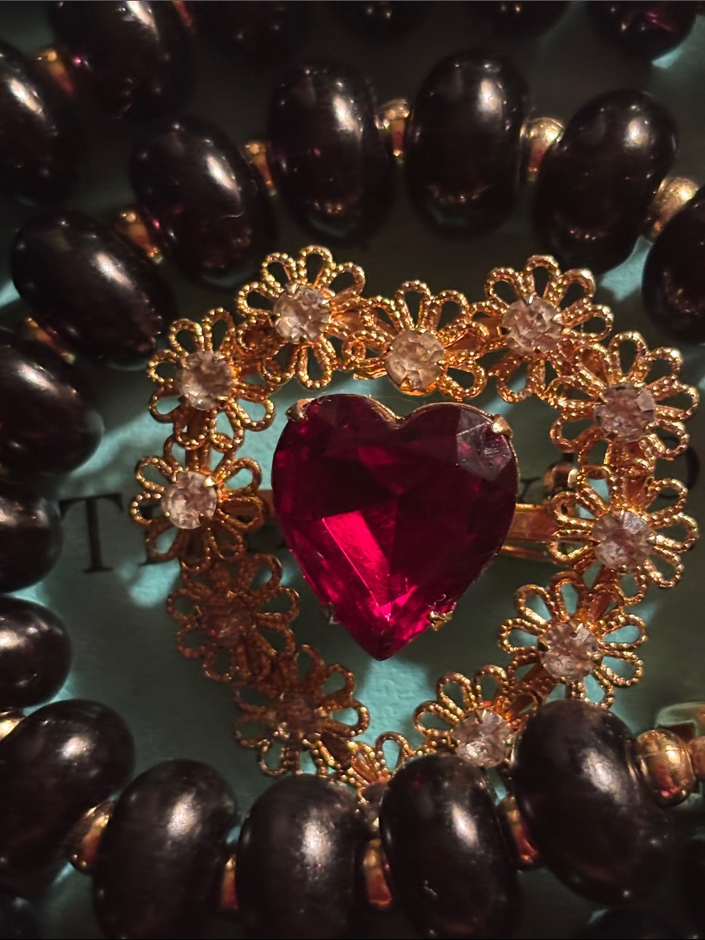 Ruby Red Glass gold heart brooch